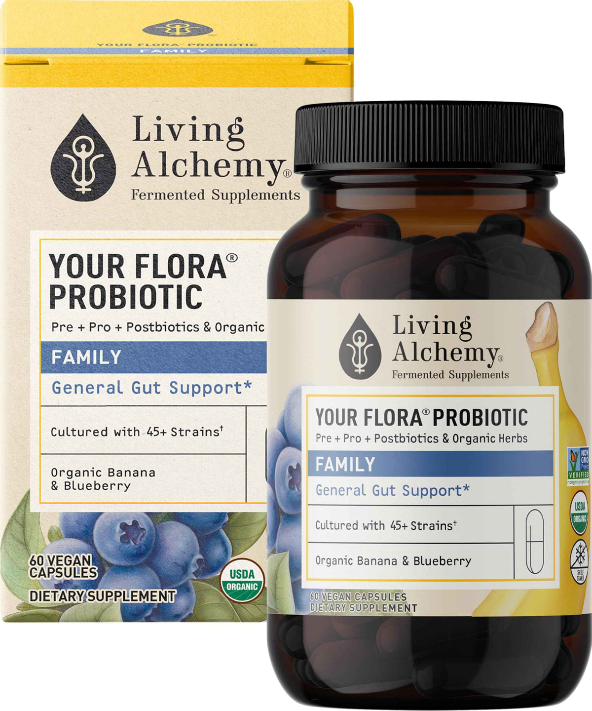 Your Flora Probiotic Family - Non-GMO Probiotics with Fermented Soybean, Banana, & Blueberry for Digestion & Gut Support - Prebiotics, Postbiotics, Digestive Enzymes - Living Alchemy, 60 Capsules