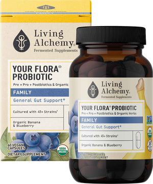 Your Flora Probiotic Family - Non-GMO Probiotics with Fermented Soybean, Banana, & Blueberry for Digestion & Gut Support - Prebiotics, Postbiotics, Digestive Enzymes - Living Alchemy, 60 Capsules