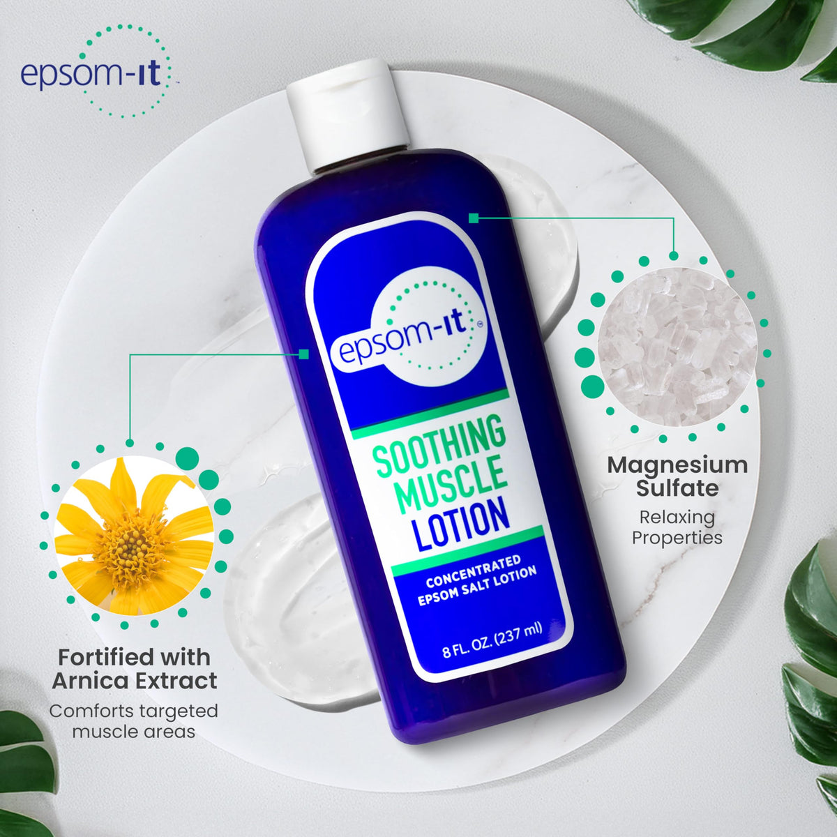 Epsom-It Soothing Muscle Lotion - Epsom Salt Magnesium Sulfate Cream Arnica for Muscle Stiffness, Topical Magnesium Lotion, Providing Comfort for Legs, Knee and Feet, 8.0 oz., 4-Pack