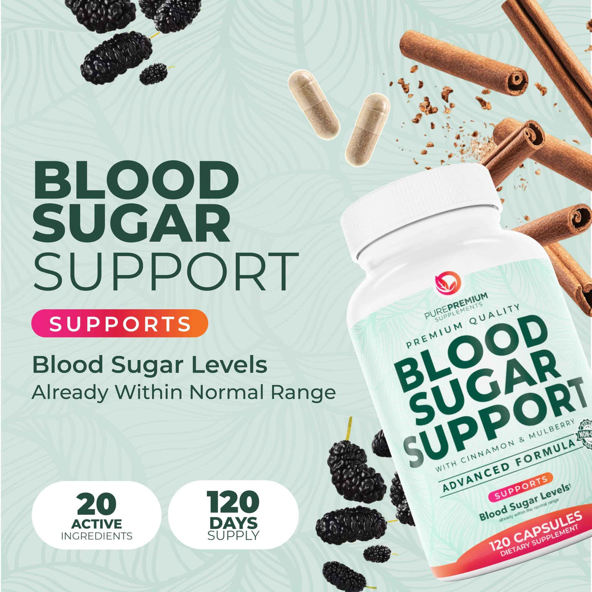 PurePremium Normal Blood Sugar Support Supplement - 20 Active Ingredients Complex to Support Blood Sugar Levels Already in The Normal Range - with Cinnamon