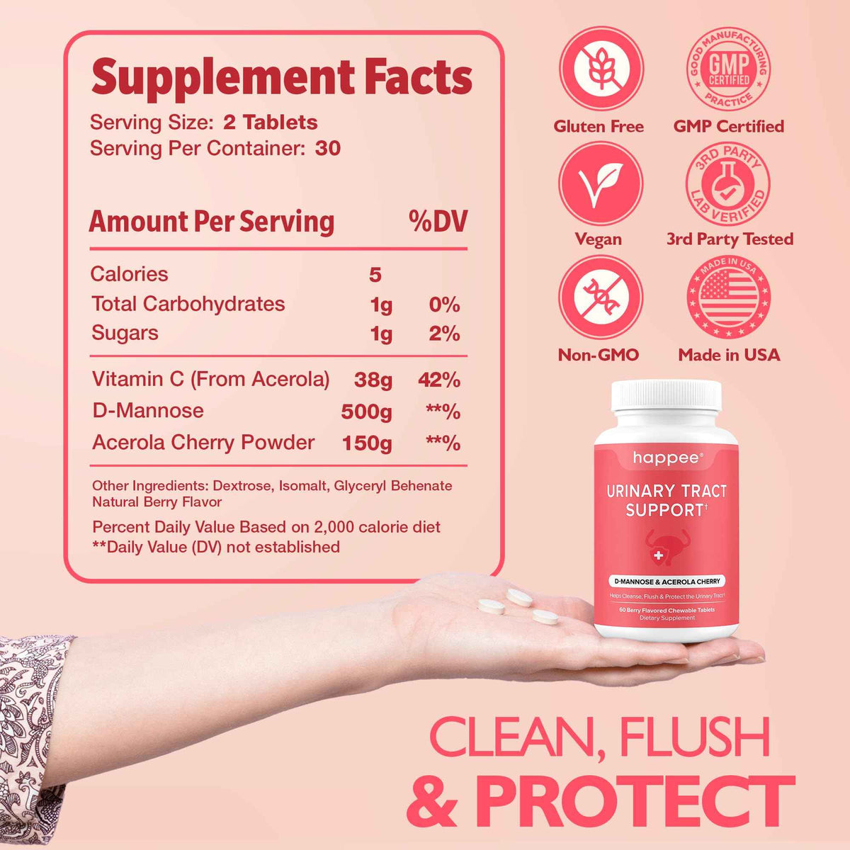 Happee Urinary Tract Health Supplement for Women & Men, Fast-Acting UTI Relief and Prevention, 500mg D-Mannose & Antioxidants, Supports Kidney and Bladder Health, Berry Flavor, 60 Chewables