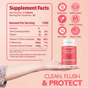 Happee Urinary Tract Health Supplement for Women & Men, Fast-Acting UTI Relief and Prevention, 500mg D-Mannose & Antioxidants, Supports Kidney and Bladder Health, Berry Flavor, 60 Chewables