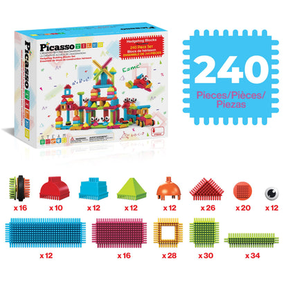 PicassoTiles 240pcs Hedgehog Interlocking Building Shape 3D Blocks, STEAM Educational, Creative, Fun Construction Playset, Sensory Toy Gift for Preschool and Kindergarten Kids, Ages 3 and Up, PTB240