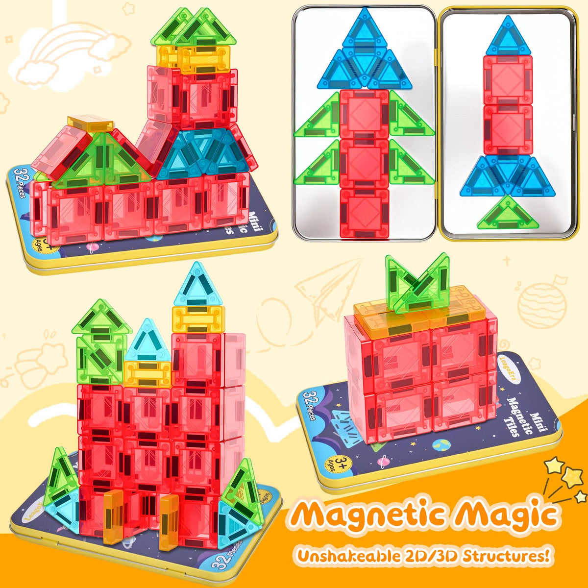 Magnetic Tiles Magnetic Blocks Building Toy: Portable Mini Magnetic Tiles Travel Set 32 Pieces Montessori Toys Birthday Gift for Kids Girls and Boys Ages 3-12 Years Old Preschool Classroom Must Haves