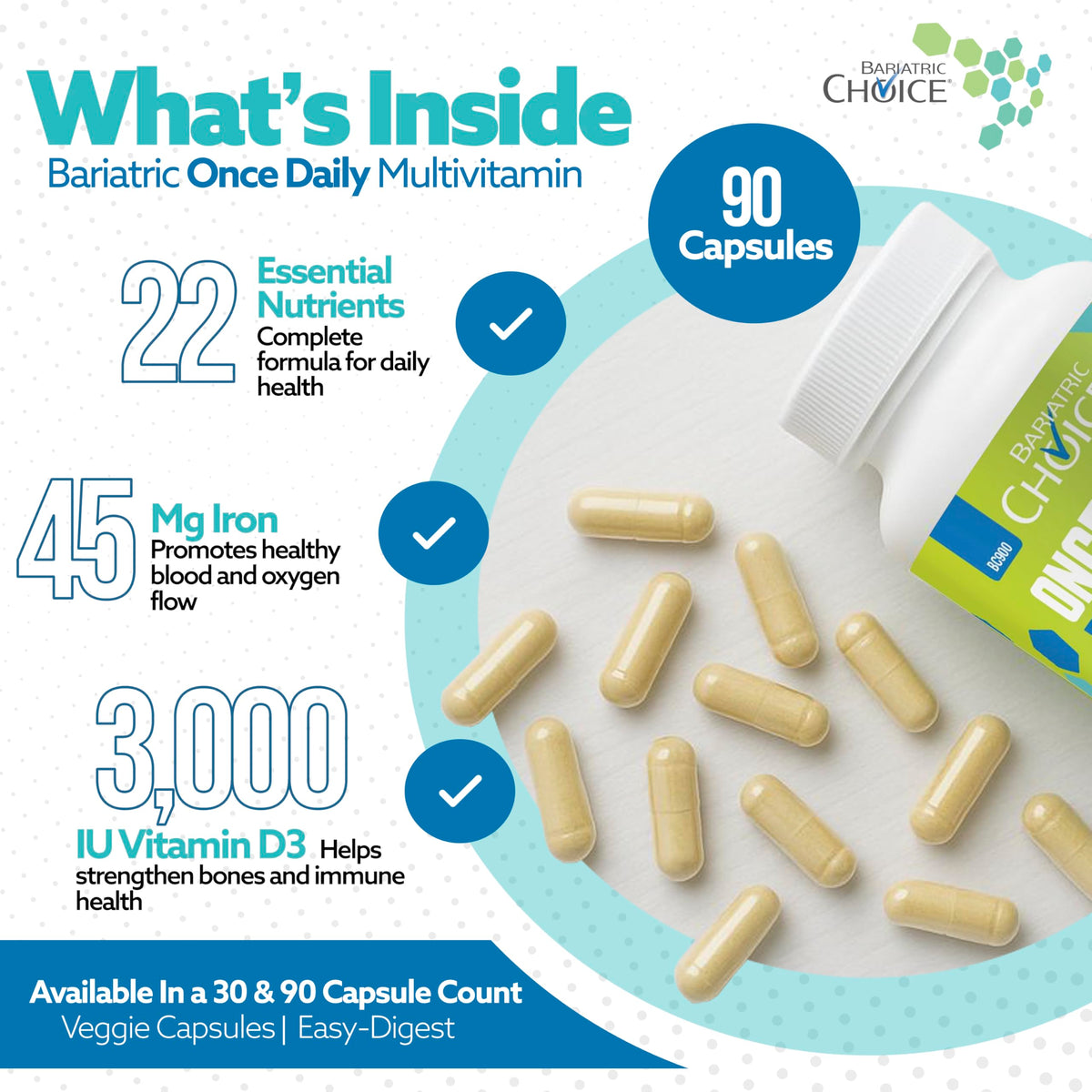 Bariatric Choice Once-Daily Bariatric Multivitamin with 45 mg of Iron - Easy to Swallow Capsule - Vitamin for Bariatric Surgery Patients