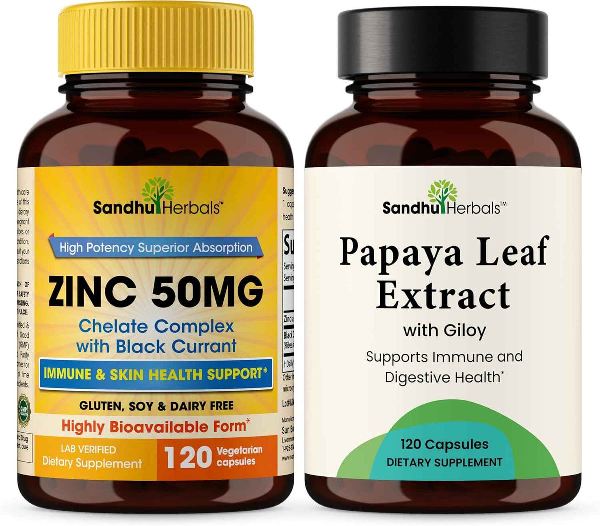 SANDHUHERBALS Zinc 50mg Bundle with Papaya Leaf Extract Capsules (120 Count Each) - Supports Immune Health for Men & Women