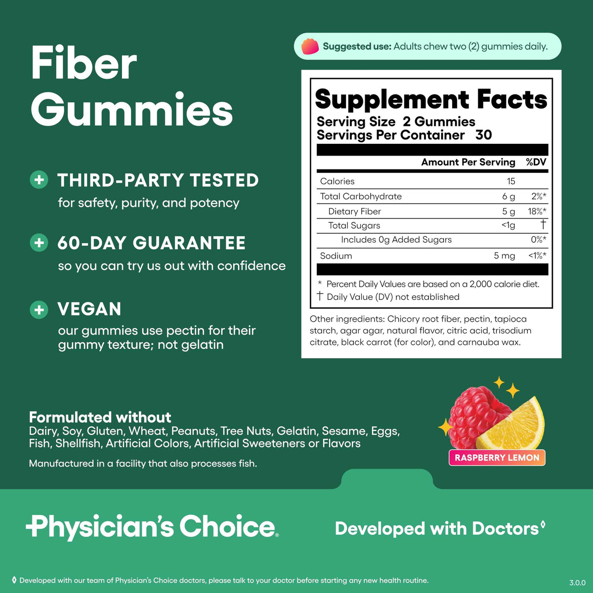Physician’s Choice Fiber Gummies for Digestive Health & Regularity - Raspberry Lemon Flavor - No Sugar Added & Vegan - Natural Chicory Root Prebiotic Fiber