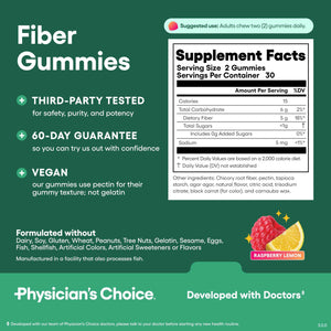 Physician’s Choice Fiber Gummies for Digestive Health & Regularity - Raspberry Lemon Flavor - No Sugar Added & Vegan - Natural Chicory Root Prebiotic Fiber