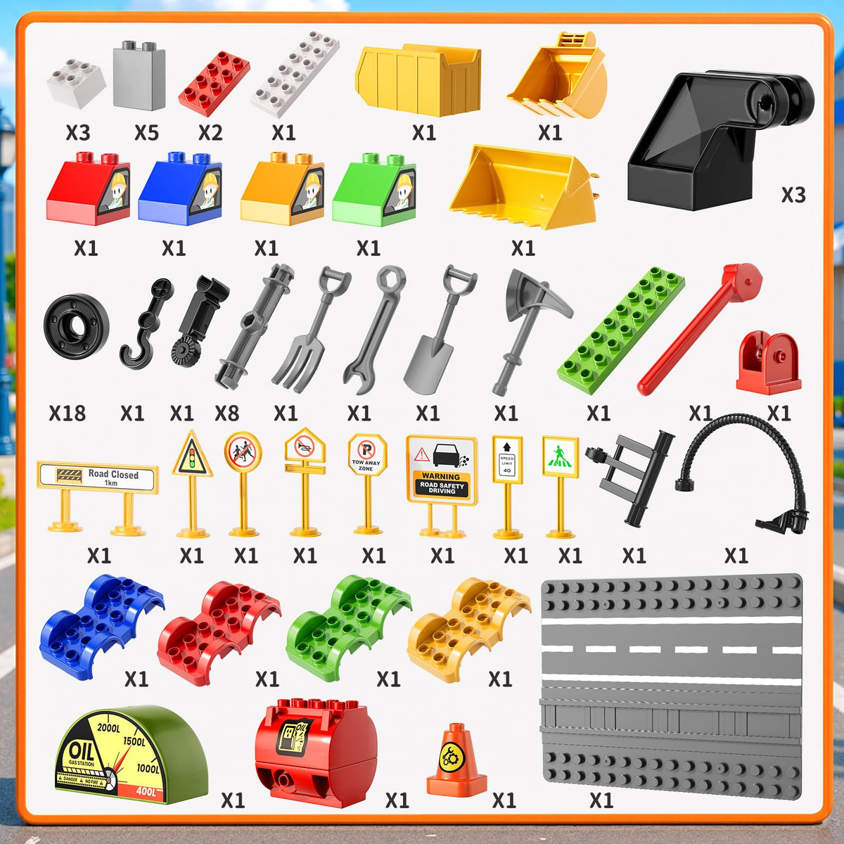 XINNOVEL Toddlers Car Building Blocks Set, 72 Pcs Large Building Blocks, STEM Construction Toys Include Excavator,Bulldozer,Dump Truck,Road Traffic,Signs,Toys for 3 4 5 4 7 8 Year Old Boys Girls