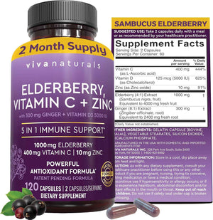 Viva Naturals Elderberry with Vitamin C and Zinc for Adults - 5 in 1 Sambucus Black Elderberry Capsules with Vitamin D3 5000 IU Immunity Supplement, Sambucus Elderberry Immune Support Supplement