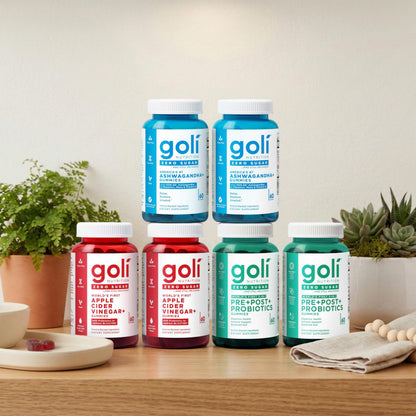 Goli Zero Sugar 6 Pack Bundle - World's First 3-in-1 Pre, Post, Probiotic, Apple Cider Vinegar with Vitamin B12 and Probiotics to Address Bloating, Ashwagandha & L-Theanine, Vitamin D Gummies