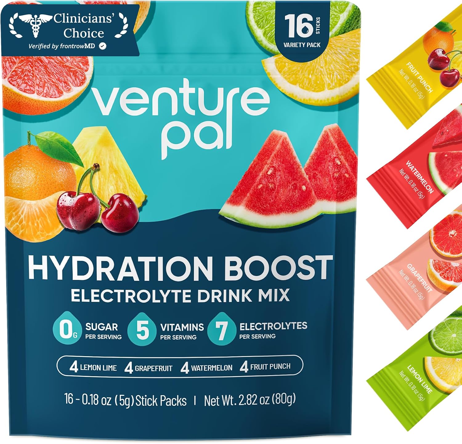 Venture Pal Sugar Free Electrolyte Powder Packets, Keto Friendly, 16 Sticks - Liquid Daily IV Hydration Packets for Rapid Rehydration. 7 Electrolytes & 5 Vitamins - Non-GMO - Vegan - Fast Dissolve