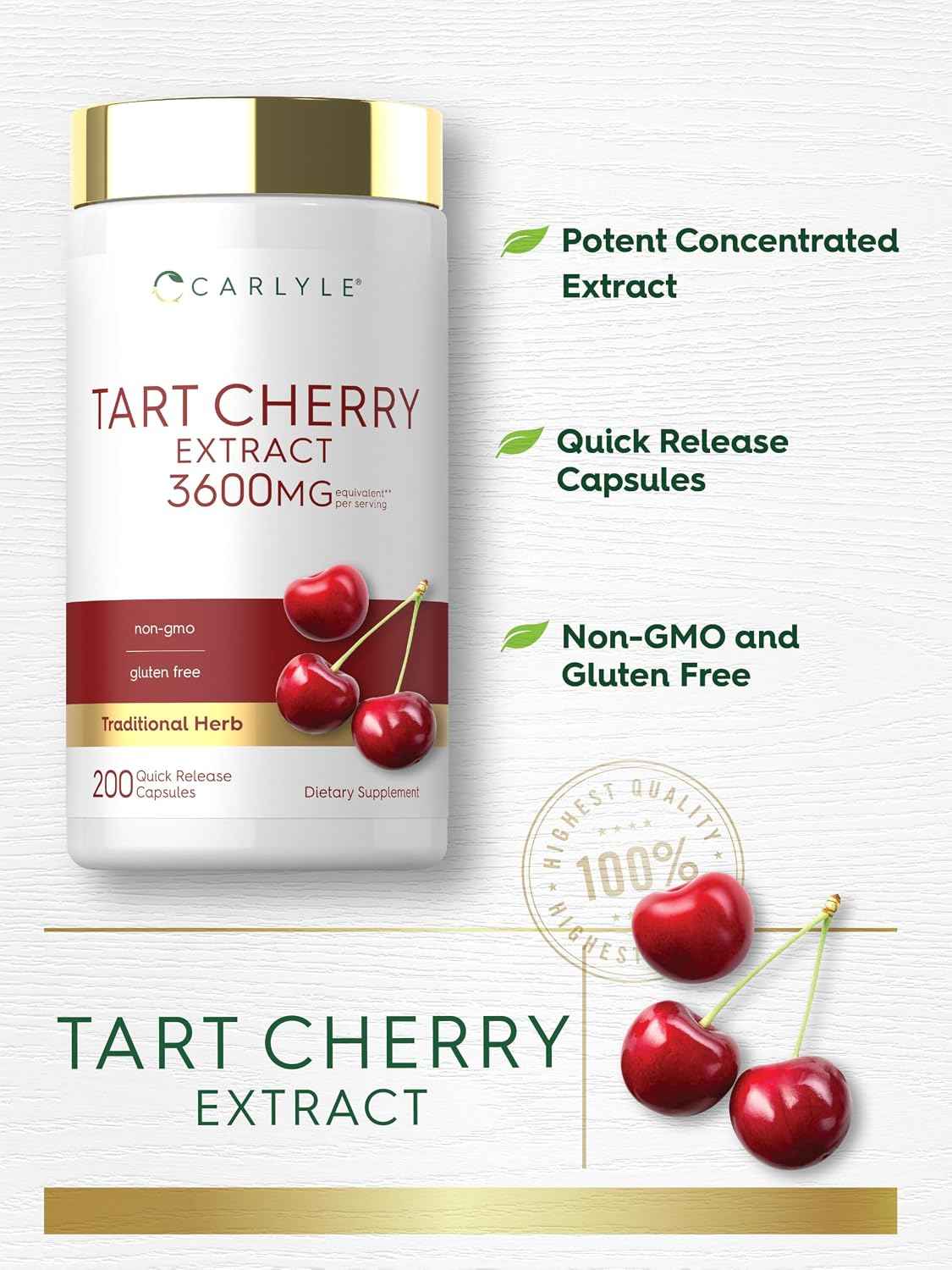 Carlyle Tart Cherry Extract Capsules - 200 Count - Non-GMO and Gluten Free Formula - Traditional Herb Supplement
