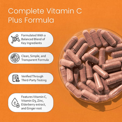 NaturaLife Labs Vitamin C with Vitamin D3, Zinc, Elderberry & Ginger Root - 1,700 mg per Serving - 100 Capsules, Vegan, Non-GMO, Gluten Free