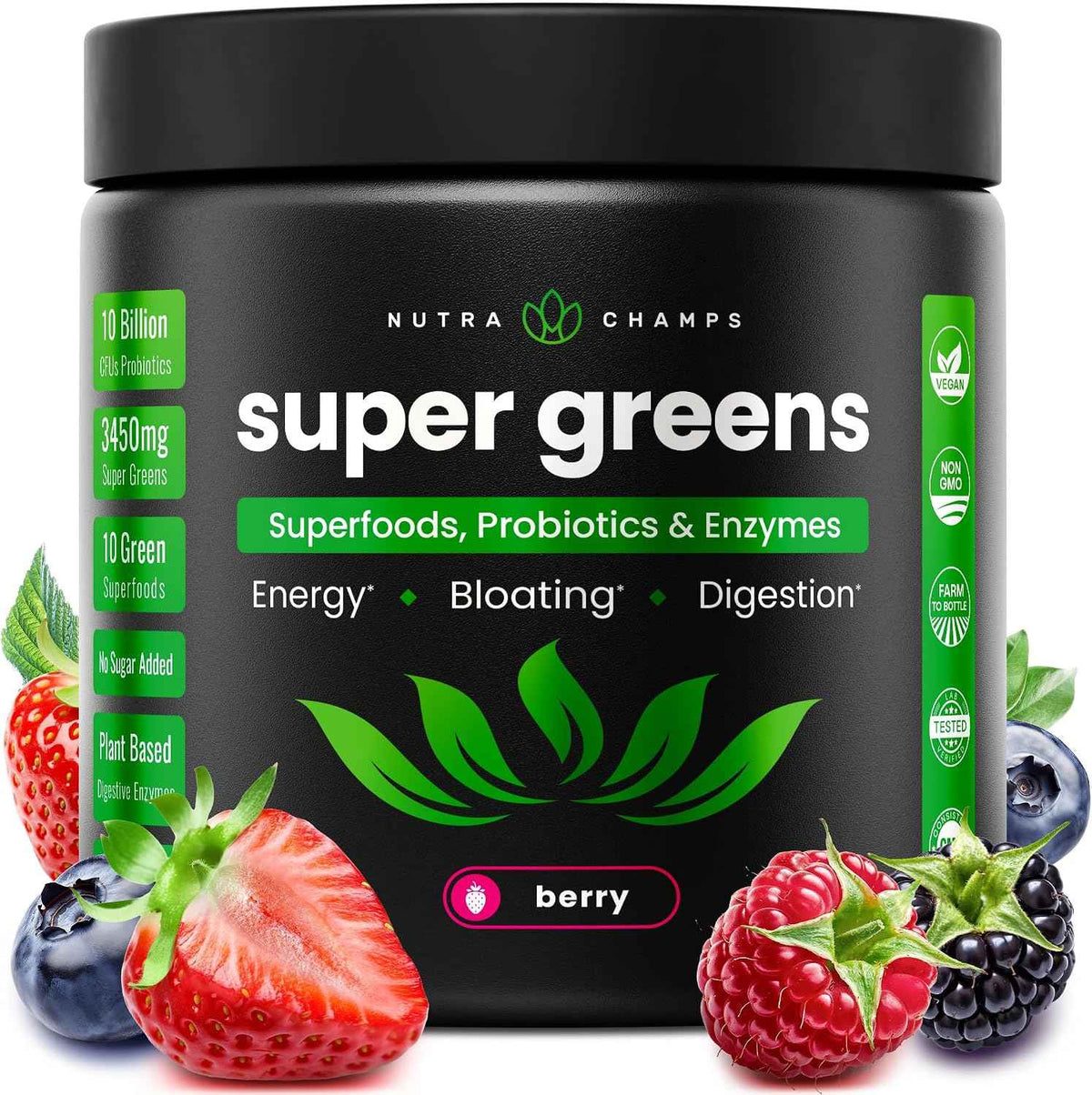SuperGreens Powder, 40+ Organic Superfoods, Probiotics & Enzymes for Energy, Digestion, Gut Health & Bloating - Organic Fruit & Veggie Drink Mix, Daily Green Juice Smoothie Blend, Spinach, Noni Plus