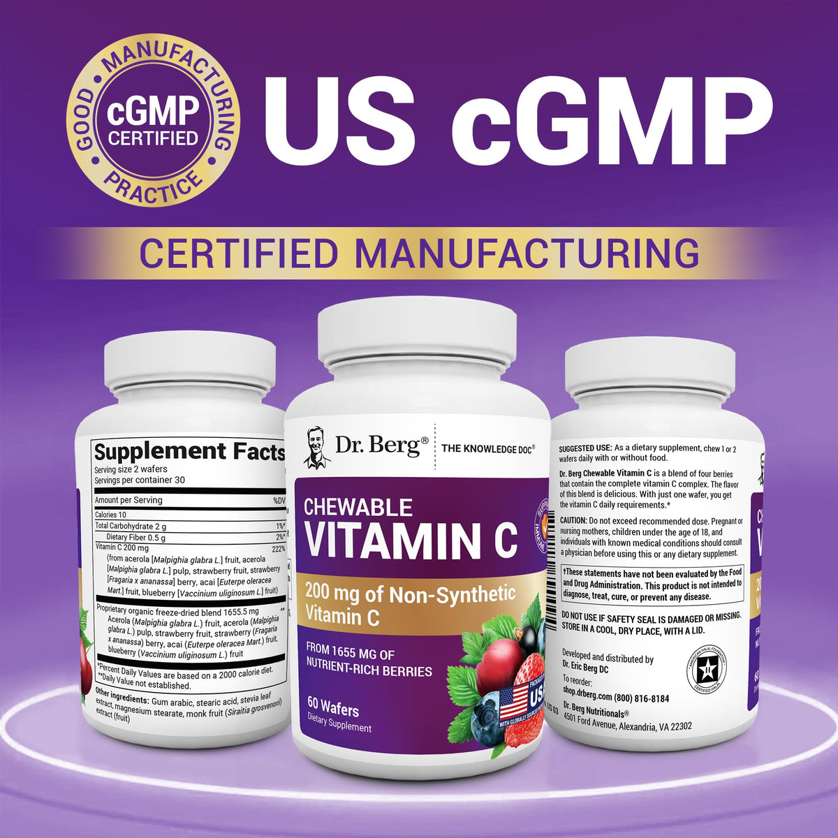 Dr. Berg Chewable Vitamin C Complex - Made with Organic, Non-GMO Berries - 60 Delicious Wafers