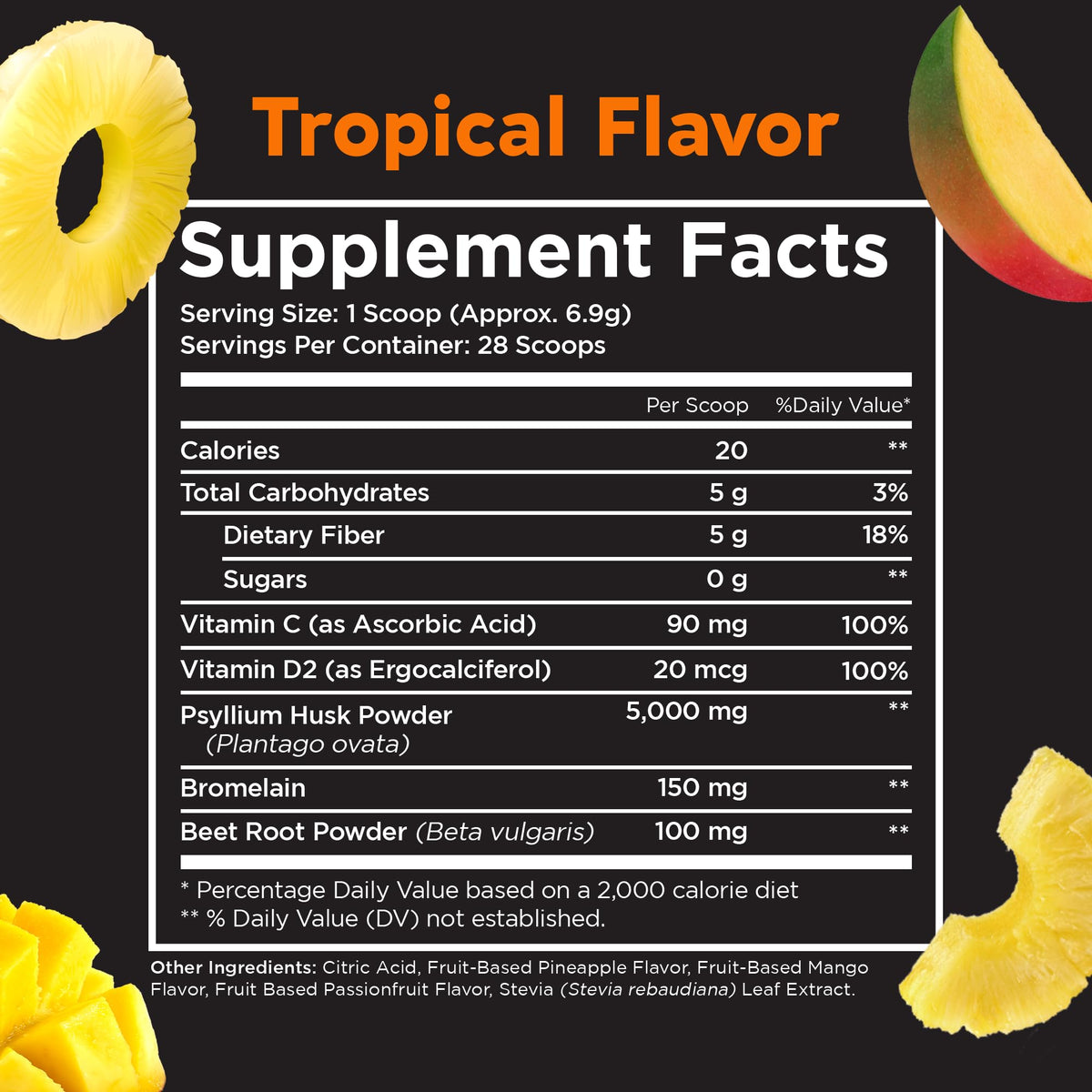 Pinch Magic Sugar Free Fiber Powder – Light Tropical Flavor Psyllium Husk with Bromelain & Vitamins C & D – Vegan, Gluten-Free, Clean Label, USA-Made, GMP-Certified – 28-Day Supply