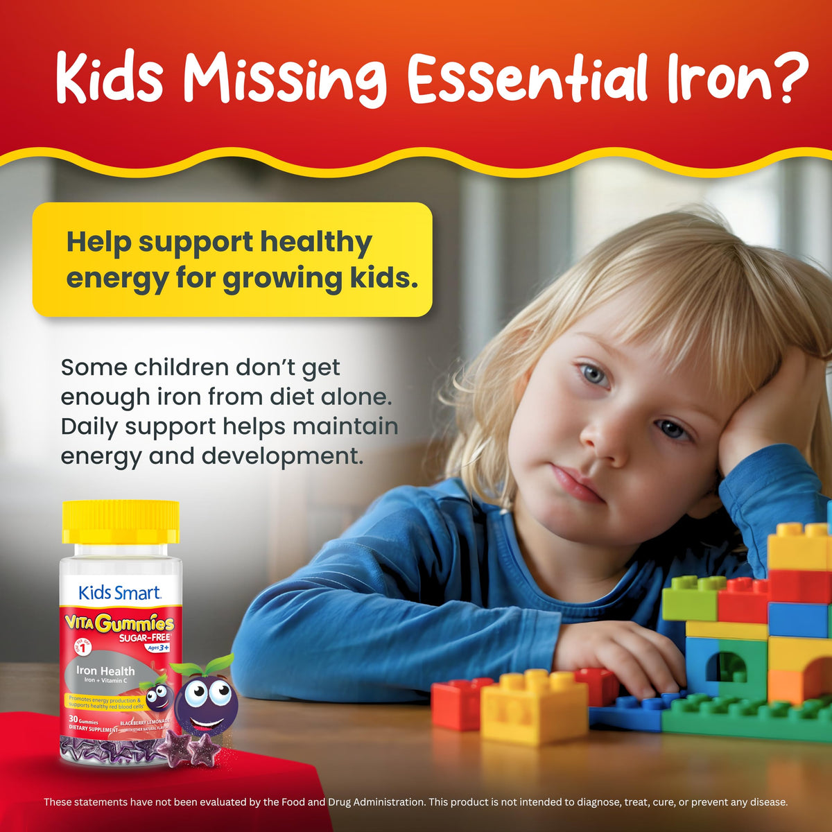 Kids Smart Iron Health Gummies for Kids, Iron Supplement with Vitamin C – Sugar Free Gummy Vitamins, Supports Energy & Immune System – Gluten Free, Vegan, Non-GMO | for Children Ages 3+, 30 Count