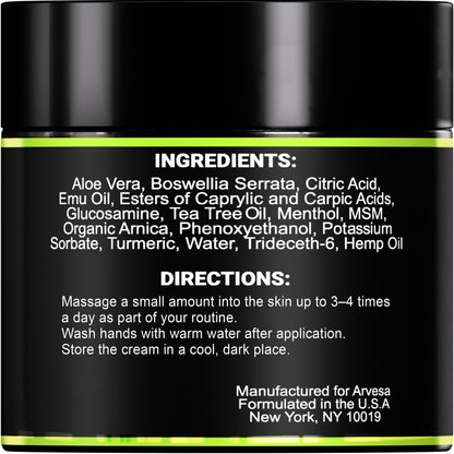 Natural Hemp Cream - Maximum Strength Gel - Hemp Cream with Arnica, MSM, Glucosamine, Menthol, Aloe, Turmeric, Boswellia - Fast Absorption, Non-Greasy, Lightweight - Advanced Formula - 4 oz