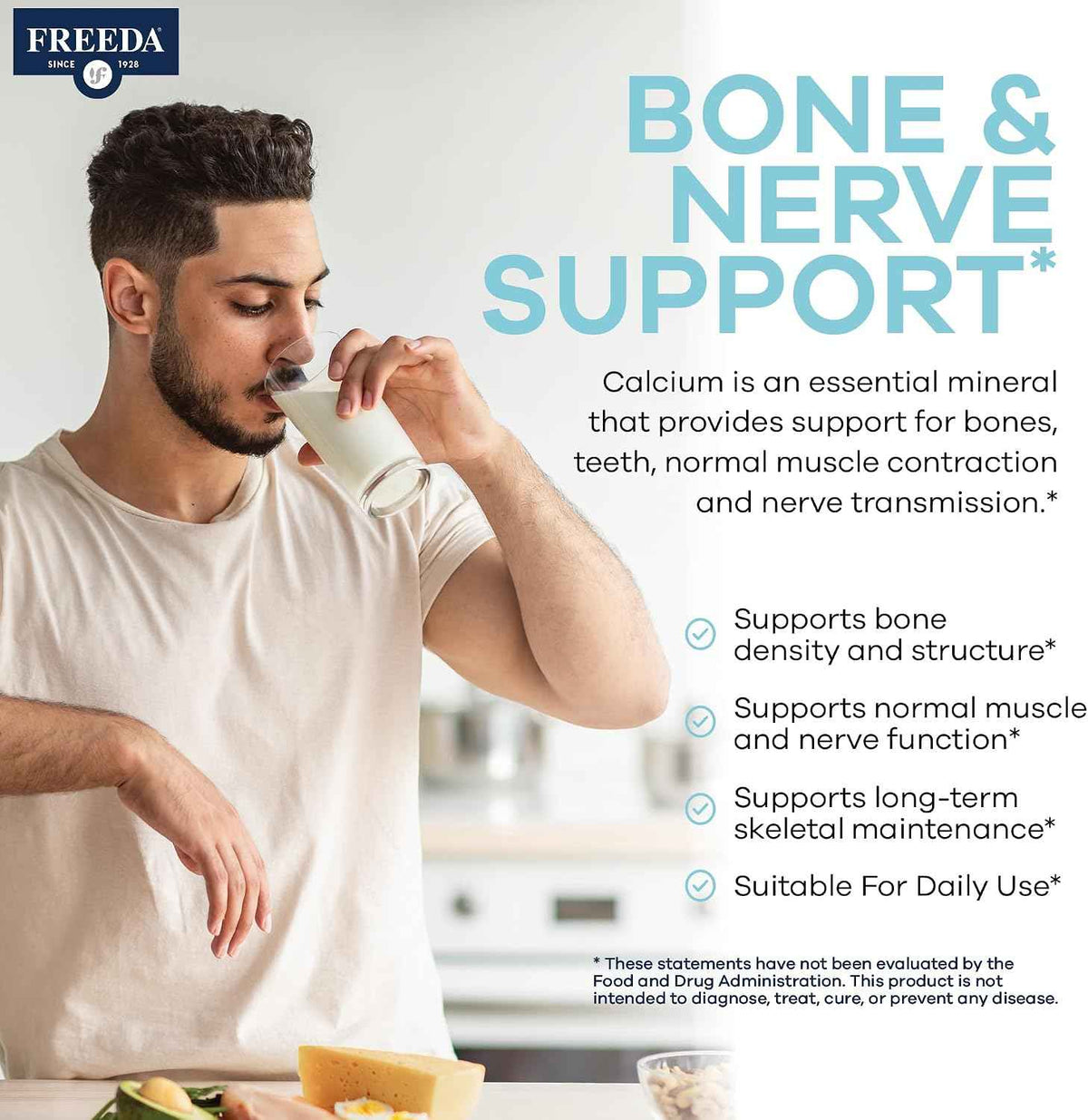 FREEDA Calcium 600mg Tablets for Bone, Joint & Teeth Support - 100 Count - Gluten-Free, Easy-to-Swallow Coated Tablets to Support Healthy Bones, Joints, Teeth, Muscle Function & Nerve Health