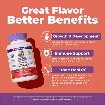 MaryRuth's Toddler Multivitamin Gummies - USDA Organic - 2 Month Supply - Kid & Toddlers Age 2+ Daily Multivitamin: Vitamin C, D3, Zinc - Kids Vitamins - Only 1 Gummy Per Day - 60 Ct (60 Day Supply)