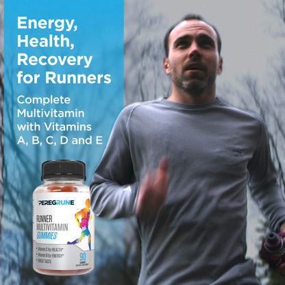 PEREGRUNE Runner Multivitamin Gummies - Daily Vitamin for Running with Vitamins A, C, D, E, and B Complex – 50% Less Sugar – Antioxidants, Recovery, Endurance, and Energy Gummy – Running Supplement