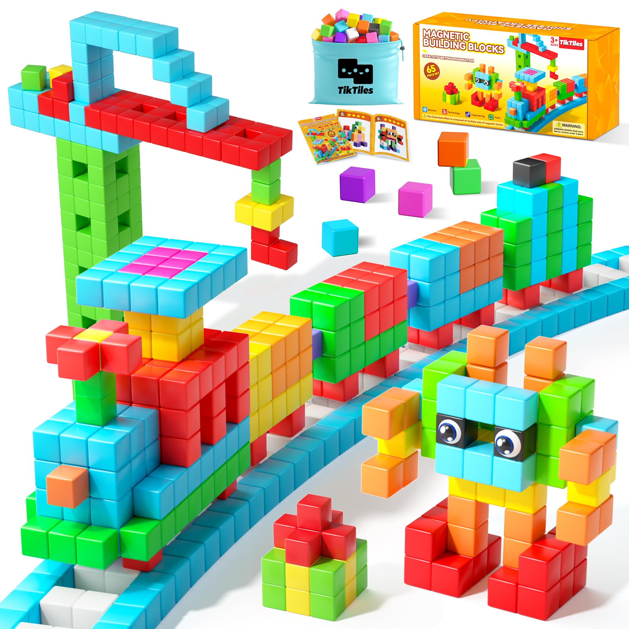 65PCS Magnetic Blocks with Magnet Eyes Toy, Magnetic Building Blocks with Storage Bag for Kids Gifts, STEM Preschool Sensory Magnetic Cubes for Toodlers Boys Girls Ages 3 4 5 6 7 8, Bright Color