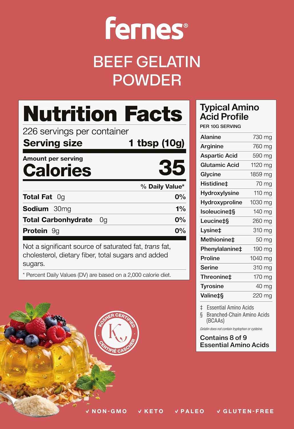 Fernes Bulk Beef Gelatin Powder (5 LB) Unflavored - Grass-Fed & Pasture-Raised, 225 Bloom Thickening Agent for Gummies, Marshmallows, Desserts & Baking - Keto, Paleo, Non-GMO, Kosher, Gluten-Free