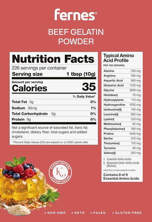 Fernes Bulk Beef Gelatin Powder (5 LB) Unflavored - Grass-Fed & Pasture-Raised, 225 Bloom Thickening Agent for Gummies, Marshmallows, Desserts & Baking - Keto, Paleo, Non-GMO, Kosher, Gluten-Free