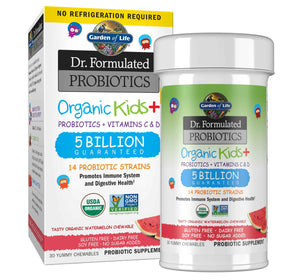 Garden of Life Dr. Formulated Probiotics Organic Kids+ plus Vitamin C & D - Berry Cherry - Gluten, Dairy & Soy Free Immune & Digestive Health Supplement, No Added Sugar, 30 Chewables (Shelf Stable)