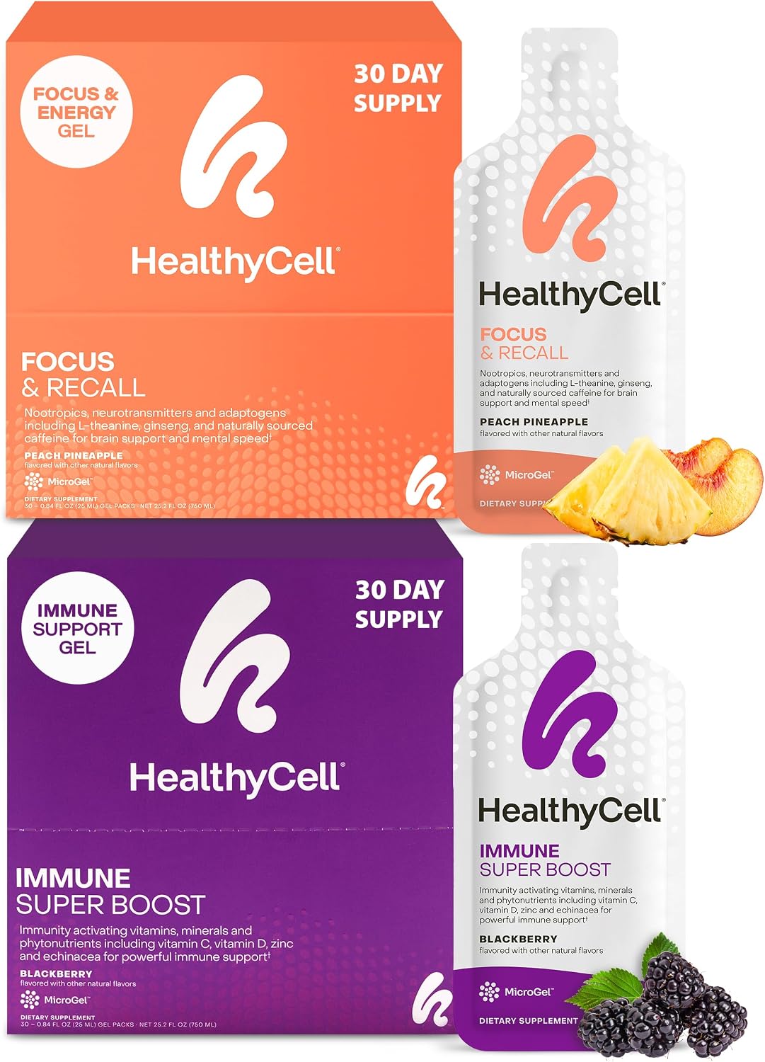 Healthycell Focus & Recall Brain + Immune Super Boost Bundle - Focus & Recall Brain Supplement + Immune Super Boost - Supports memory, concentration, immunity & overall wellness