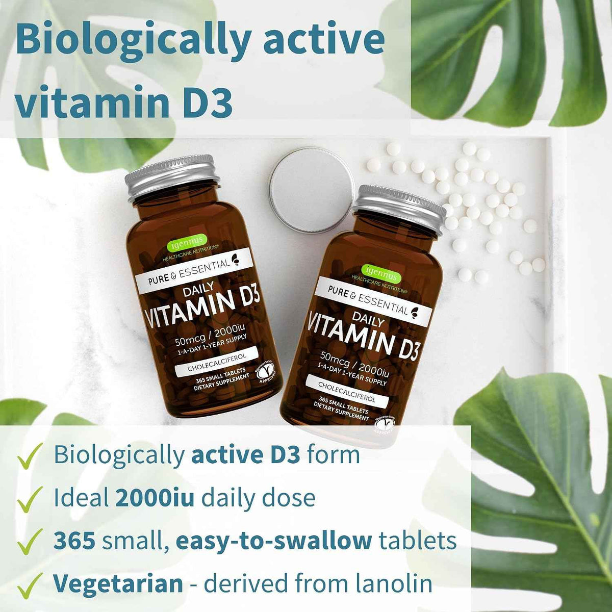 Daily Vitamin D3 + Super B12-Complex, Vegetarian Bundle, 365 2000iu Vitamin D3 Tablets + High Absorption Sublingual B12, by Igennus