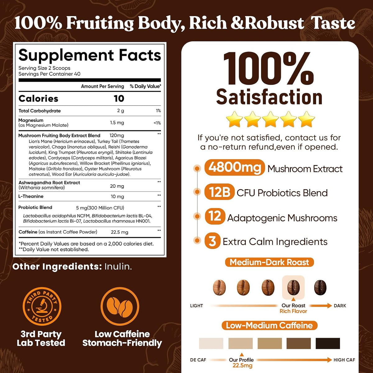 Venture Pal Mushroom Coffee, 12 Mushrooms, Focus & Digestion, 40 Servings - 12 Adaptogenic Mushrooms with Lion's Mane, Cordyceps, Reishi, Turkey Tail, Ashwagandha & Probiotics, Low Caffeine & Calories