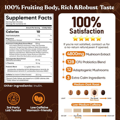 Venture Pal Mushroom Coffee, 12 Mushrooms, Focus & Digestion, 40 Servings - 12 Adaptogenic Mushrooms with Lion's Mane, Cordyceps, Reishi, Turkey Tail, Ashwagandha & Probiotics, Low Caffeine & Calories