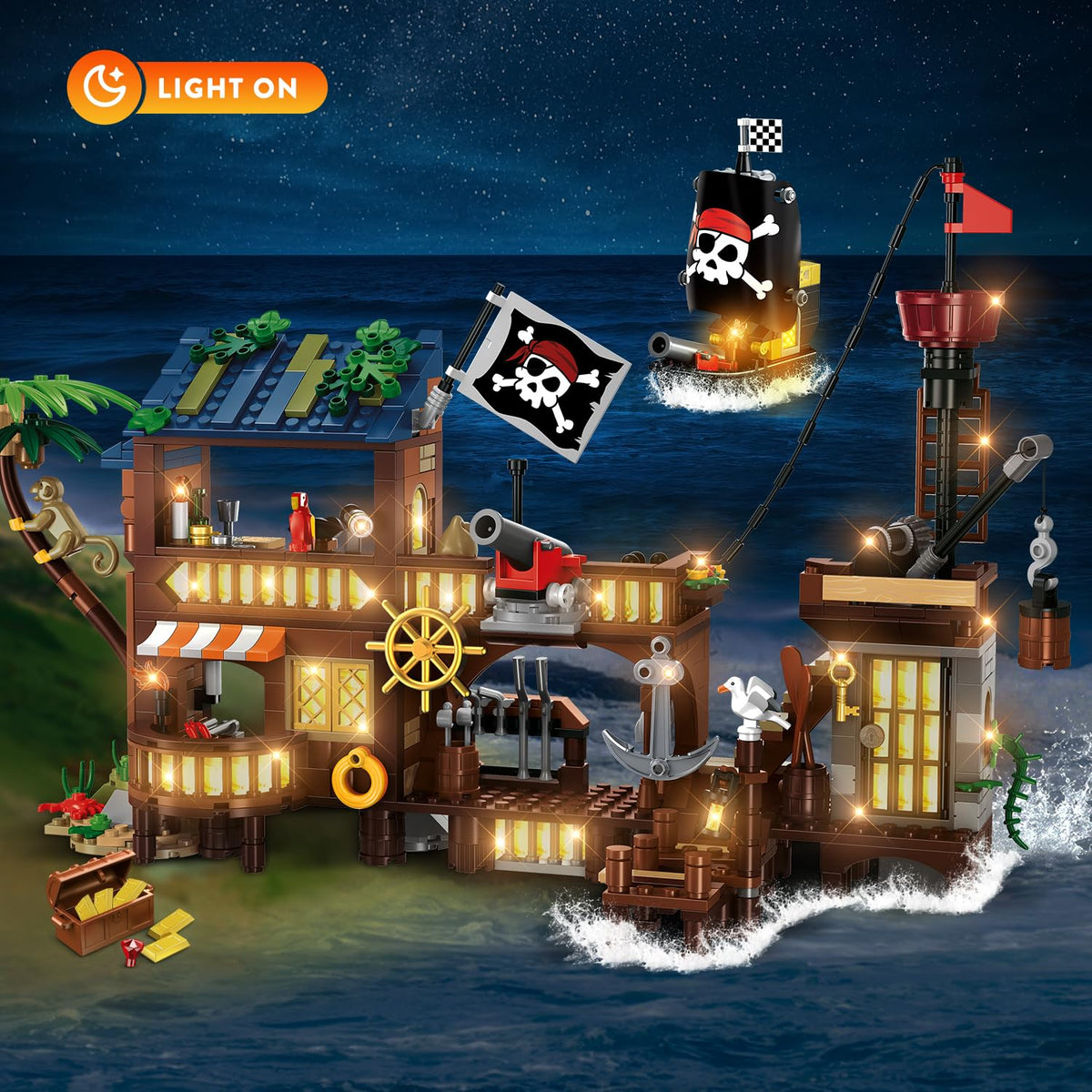 HOGOKIDS 3-in-1 Pirate House STEM Building Set with LED Light for Boy 6-12+