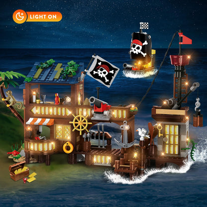 HOGOKIDS 3-in-1 Pirate House STEM Building Set with LED Light for Boy 6-12+