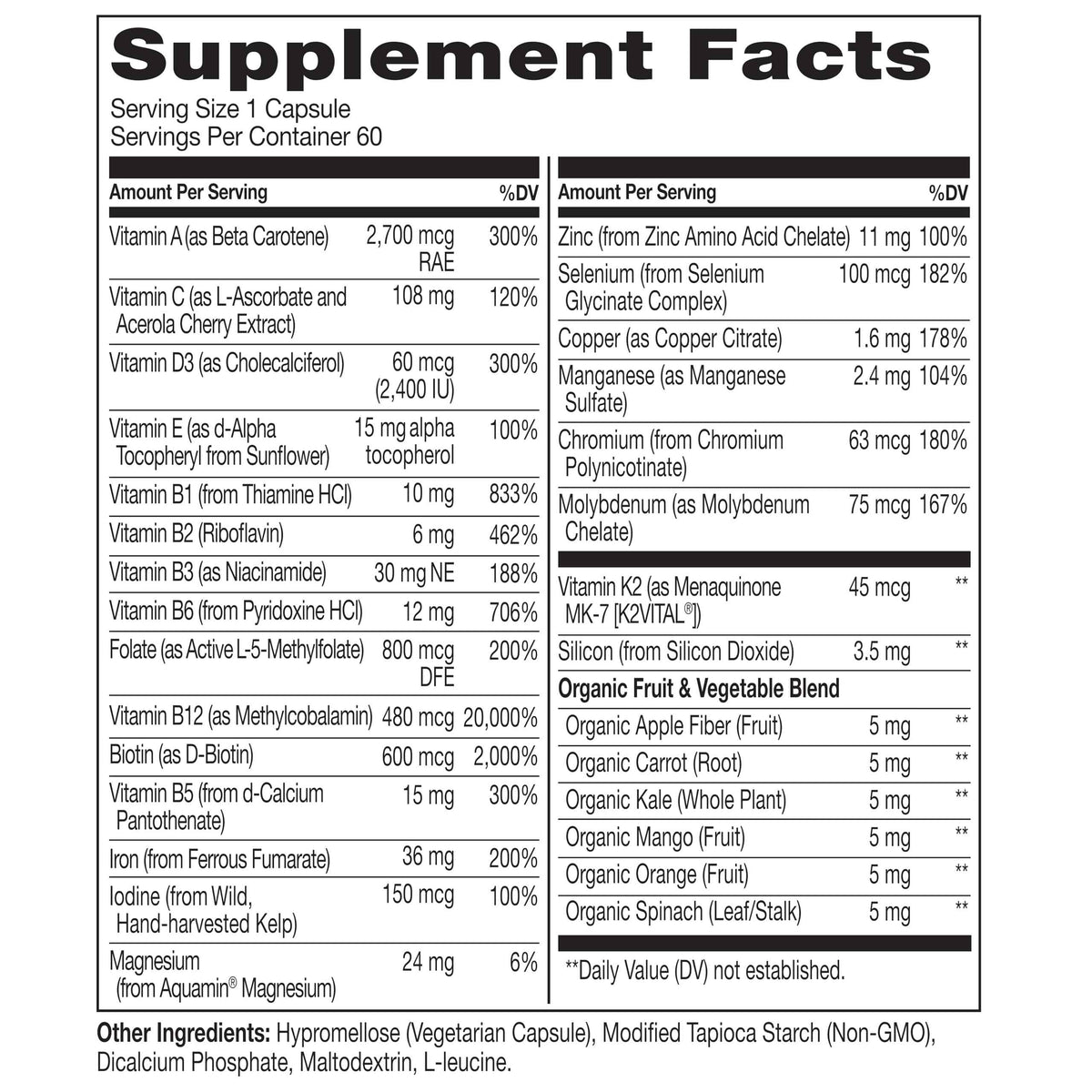 NATURELO Bariatric Multivitamin - One Daily with Iron - Supplement for Post Gastric Bypass Surgery Patients - Natural Whole Food Nutrition - 60 Veggie Capsules