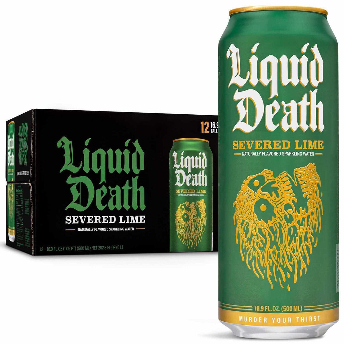Liquid Death Flavored Sparkling Water with Agave, Severed Lime, 16.9 oz Tallboys (12-Pack)