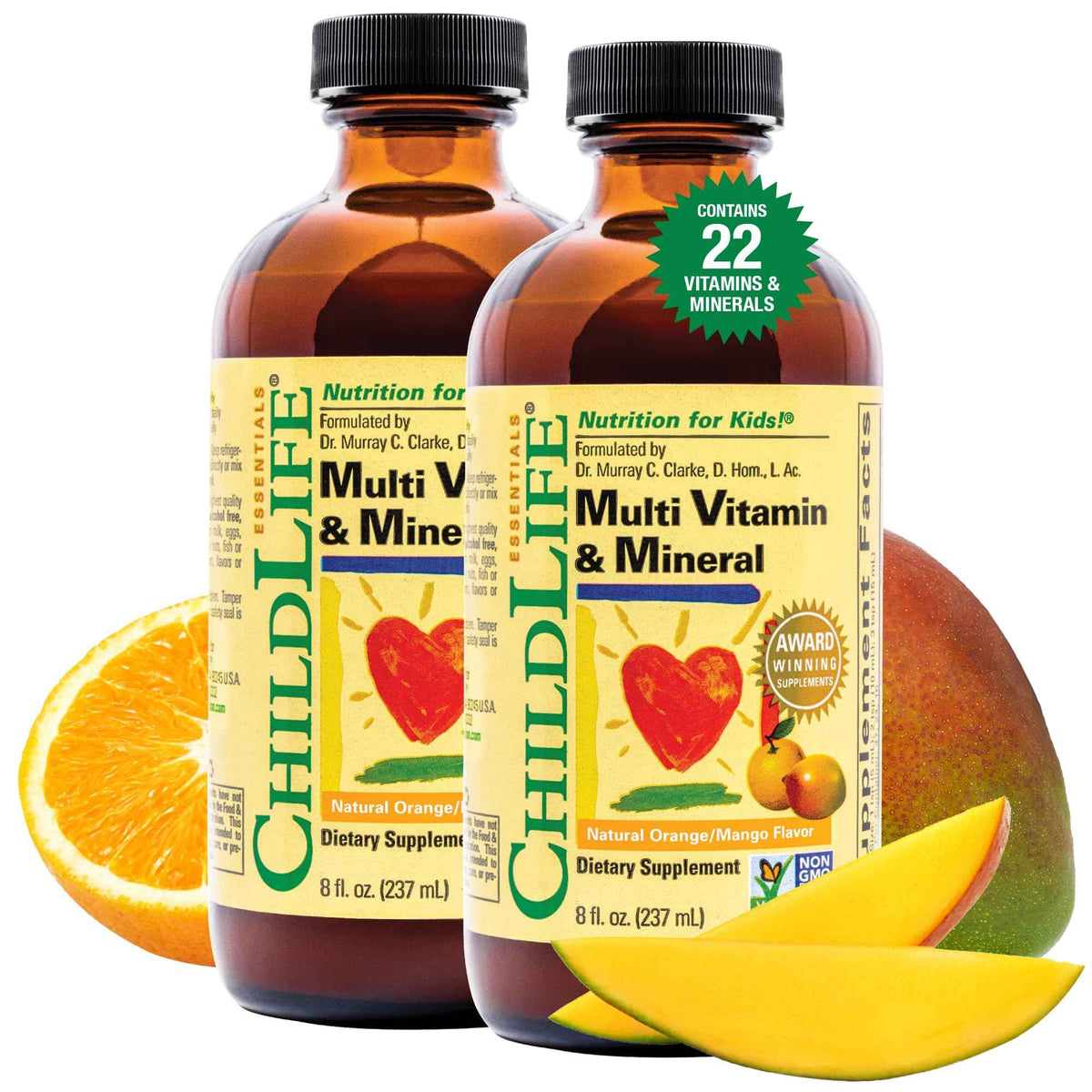 CHILDLIFE ESSENTIALS Kids Multivitamin & Mineral - Kids Vitamins, Liquid Multivitamin for Kids, Toddler Multivitamins, Liquid Vitamins, Baby Multivitamin - Natural Orange & Mango, 8 Fl Oz (Pack of 2)