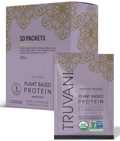 Truvani Organic Plant Based Protein Powder - Strawberry - 10 Servings - Vegan - 20g Pea Protein - Single Serving Travel Packets - Keto - Gluten & Dairy Free - Low Carb