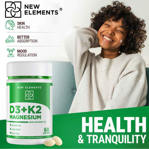 New Elements Vitamin D3 K2 10,000 IU with Magnesium Glycinate 500mg - Bone Health, Immune Support, Energy & Mood - Non-GMO, Gluten-Free