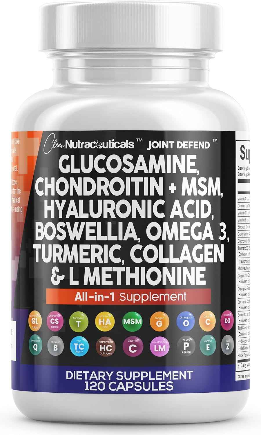 Clean Nutraceuticals Glucosamine 1500mg Chondroitin 1200mg MSM with Turmeric Curcumin, Collagen, Hyaluronic Acid, Omega 3 - Joint Health Supplement for Men & Women - Joint Complex - 120 Count