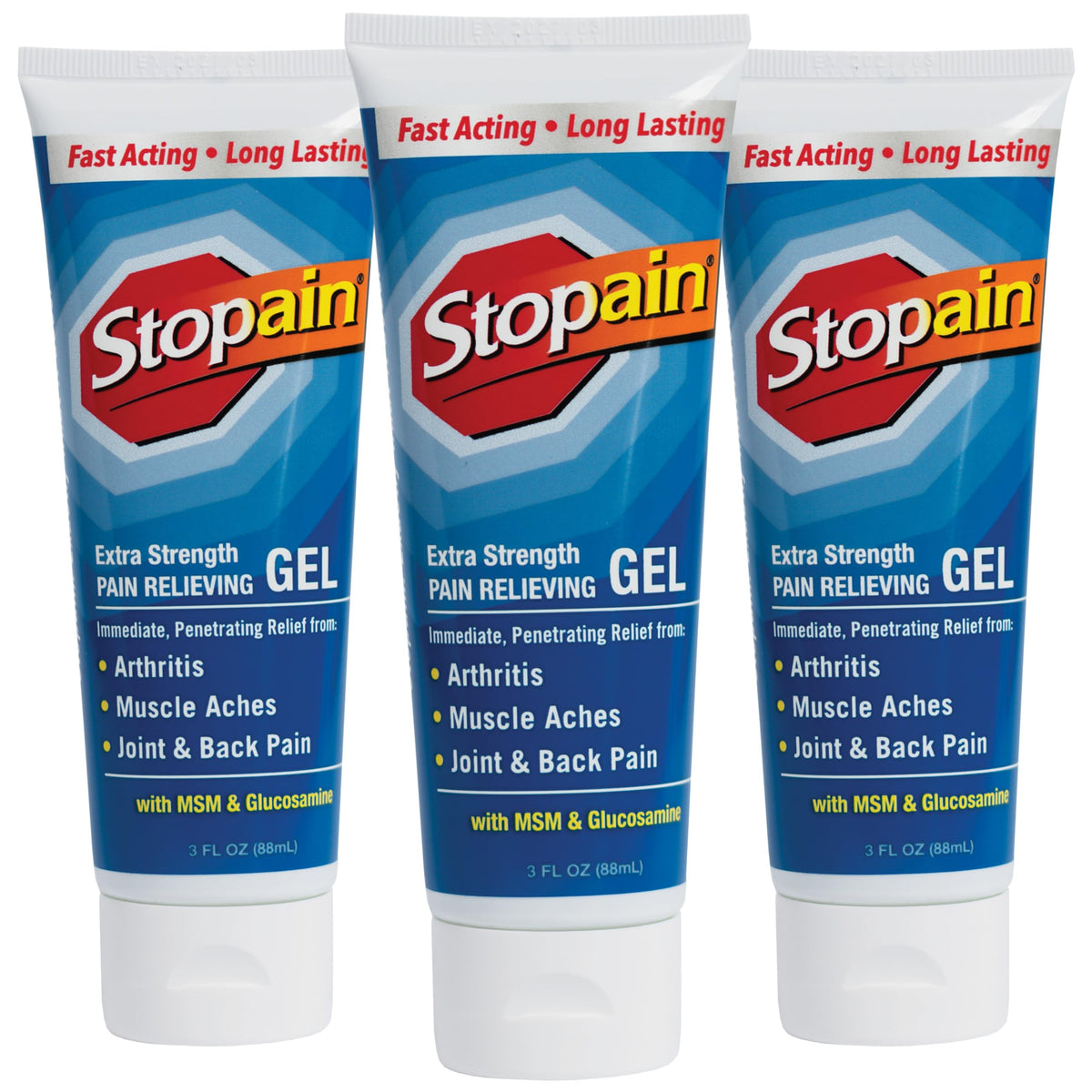 Stopain Pain Relief Gel 3oz (3 Pack) USA Made, Max Strength Fast Acting with MSM, Glucosamine, Menthol for Arthritis, Lower Back Sciatica, Knee, Neck, HSA FSA Approved Topical Analgesic Products