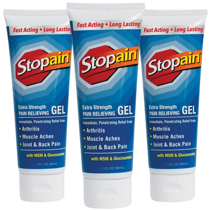 Stopain Pain Relief Gel 3oz (3 Pack) USA Made, Max Strength Fast Acting with MSM, Glucosamine, Menthol for Arthritis, Lower Back Sciatica, Knee, Neck, HSA FSA Approved Topical Analgesic Products