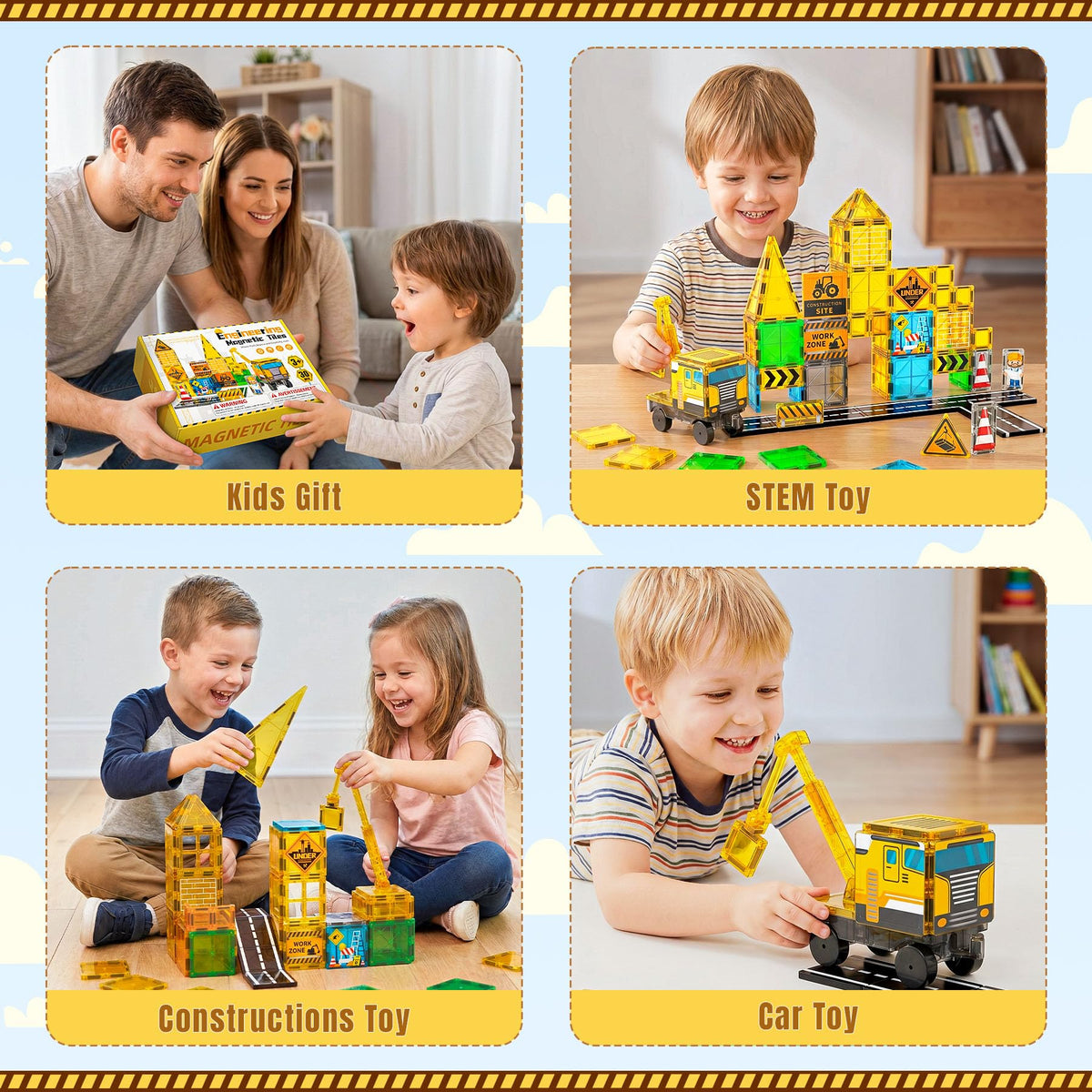 SKTMYY Magnetic Tiles for Kids, Construction Toys with Crane Road Truck Magnets Building Blocks Gifts for Kids Ages 3-5 4-8 Montessori Preschool Educational STEM Toy Gifts for 3+ Years Old Boys