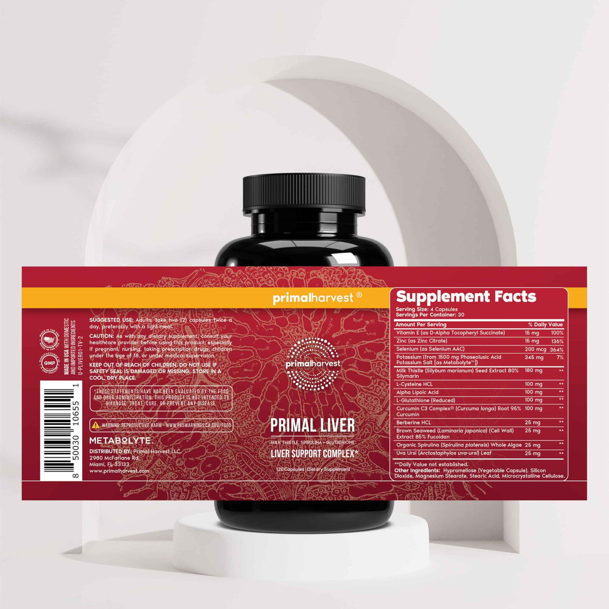 Primal Harvest Primal Liver Liver Supplement with, Alpha-Lipoic Acid, L-Cysteine HCL, L-Glutathione, Milk Thistle, and Spirulina