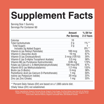 MaryRuth's Toddler Multivitamin Gummies - USDA Organic - 2 Month Supply - Kid & Toddlers Age 2+ Daily Multivitamin: Vitamin C, D3, Zinc - Kids Vitamins - Only 1 Gummy Per Day - 60 Ct (60 Day Supply)