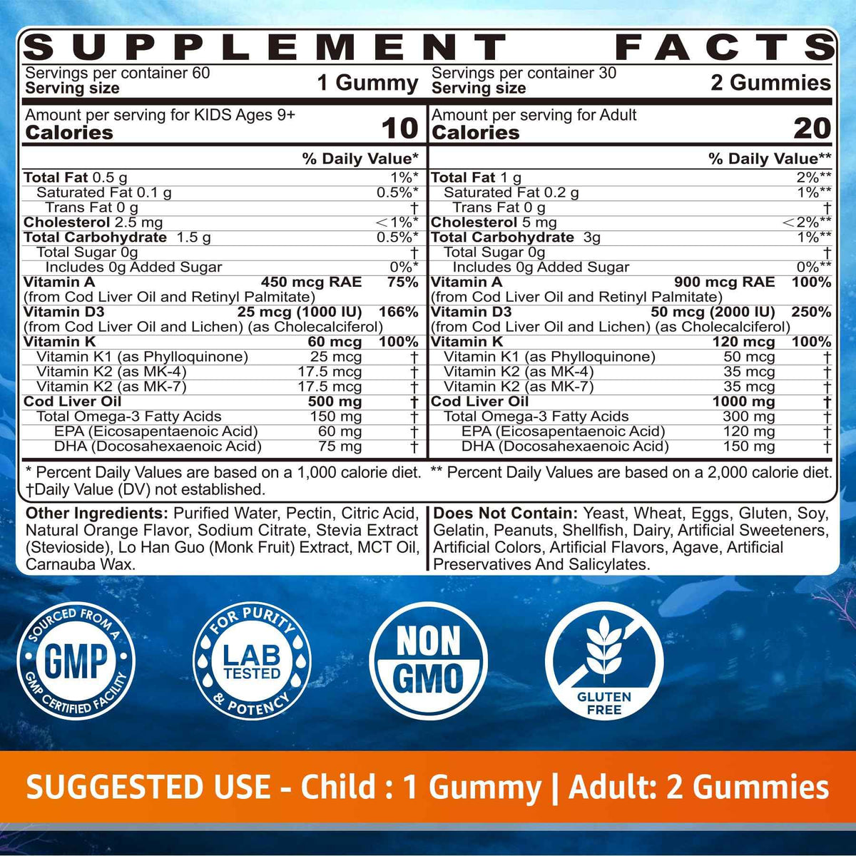 Cod Liver Oil Gummies 1000mg for Kids & Adults - w/Omega 3 (EPA & DHA), Vitamins A, D3 & K2 - Cod Liver Oil Omega 3 Gummies for Immune, Brain & Cognitive Support, SugarFree, Orange Flavor, 120Cts