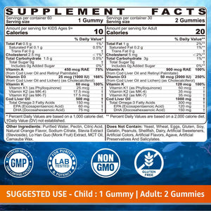 Cod Liver Oil Gummies 1000mg for Kids & Adults - w/Omega 3 (EPA & DHA), Vitamins A, D3 & K2 - Cod Liver Oil Omega 3 Gummies for Immune, Brain & Cognitive Support, SugarFree, Orange Flavor, 120Cts