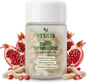 Resilia Synbiotic Probiotic + Prebiotic Supplement for Women & Men - 53.6 Billion AFU, 18 Strains, Shelf-Stable Capsules with Polyphenols, Digestive & Gut Balance Support, 60 Capsules